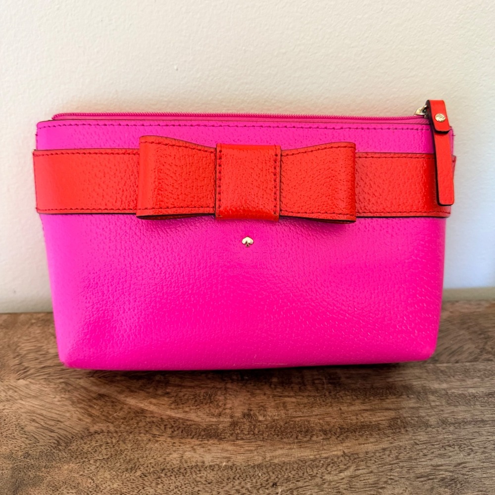Kate Spade Kirk Park Bee Cosmetic Bag Women Pink Red Bow Colorblock Pouch Preppy